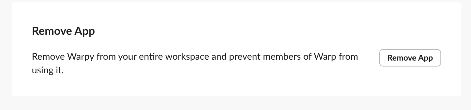 Confirmation dialog to remove the Warp app from a Slack workspace.